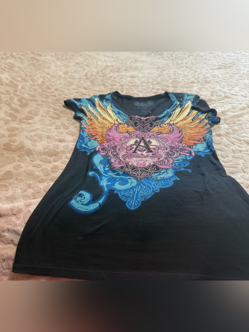 Vintage Xzavier Cyber Y2K Angel Wings Graphic Tee Medium Black Rhinestone Grunge